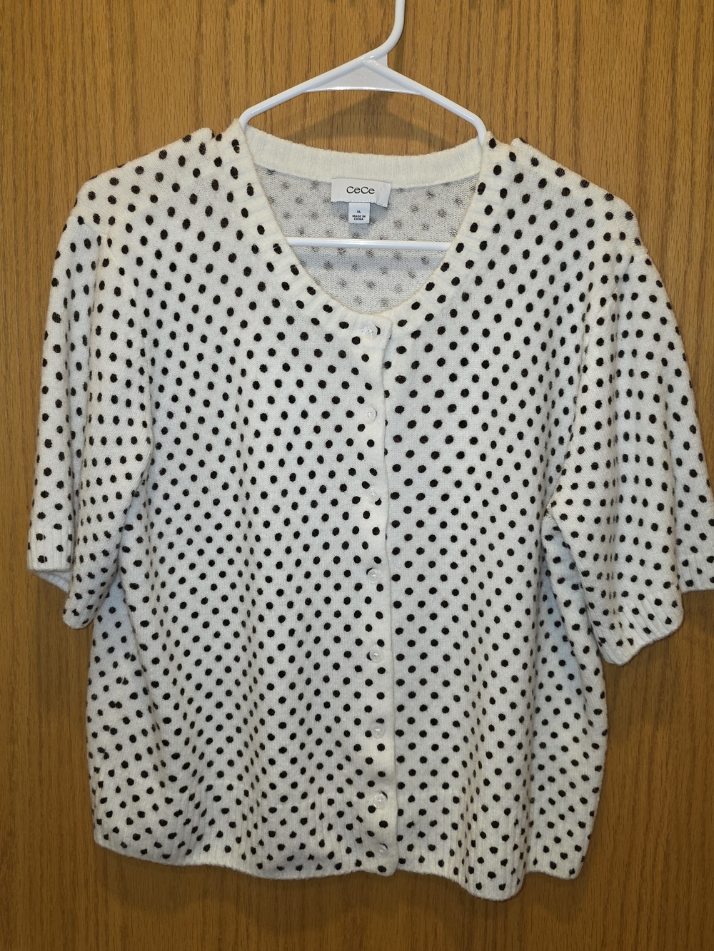 CeCe White Short Sleeve Polka Dot Button Cardigan